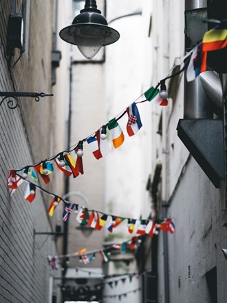 International flags hanging in the street