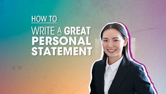 'How to write a great personal statement' copy next to a young, smiling, smartly dressed woman with long dark hair